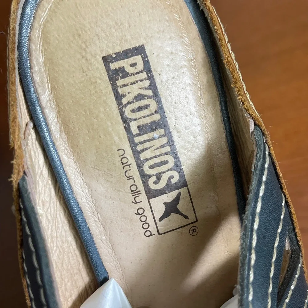 Pikolinos Capri Laser Cut Wedge Sandals Mules Blue Leather Women's 38‎ EU/8 US